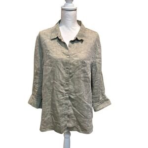 Chico's Women 100 % Linen Olive Green Button-Up Shirt Top‎ Blouse Size 4/xxl